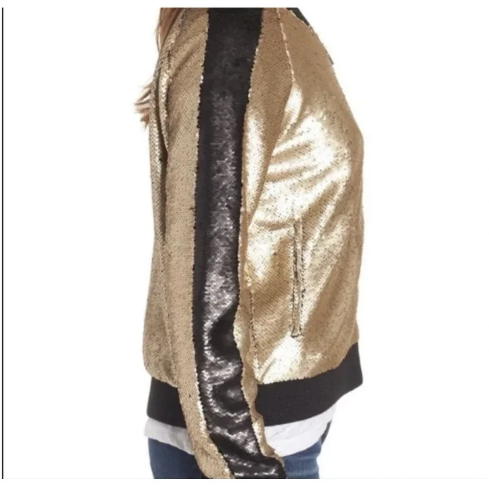 New Blank NYC Bomber Jacket Women's Size XS Gold Full Zip Sequin Holidays Bright